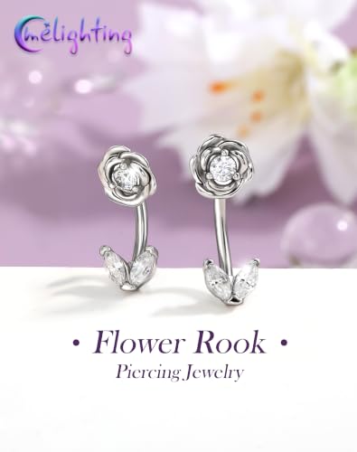 Melighting 16G Flower Rook Piercing Jewelry Marquise Stainless Steel 316L | Delicate Floral Leaf Design, 5A Grade Cubic Zircon, Dainty Eyebrow Piercing - color: Steel, size: 16g6mm