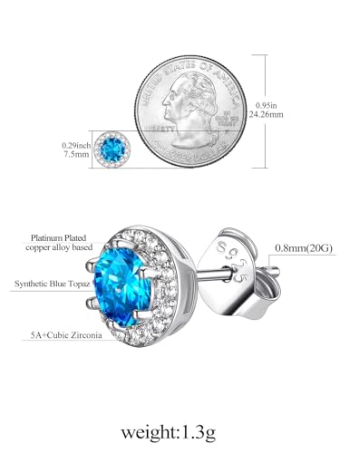 FindChic Birthstone Earrings for Women, Round/Heart/Square/Teardrop Earrings with 925 Sterling Silver Posts & Push Backs, Hypoallergenic Studs with Cubic Zirconia, 12 Months Jewelry with Gift Box - style: 12. December-Blue Topaz (Round)