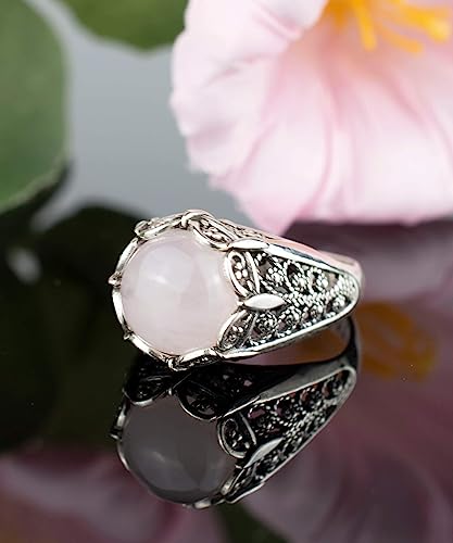 Filigranist 925 Sterling Silver Filigree Art Women Mini Dome Cocktail Ring with Gemstone, Gift Boxed - color: Rose Quartz