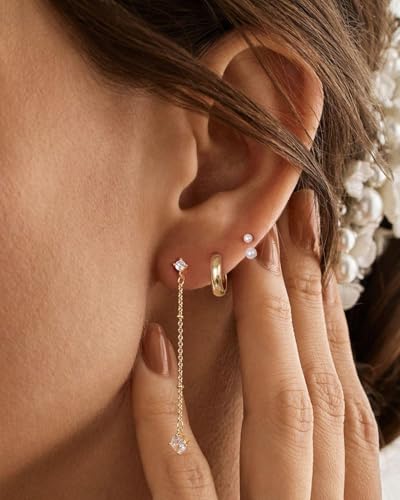 Pearl Earrings - 14K Gold/White Gold/Rose Gold Plated Cubic Zirconia CZ Diaomond Accented Pearl Drop Dangle Earrings for Women Wedding Bridal Prom - color: Ear Jacket earings set