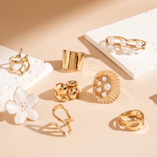 Chunky Gold Stackable Rings Set for Women Pearl Flower Rings Sets Dainty Carved Signet Joint Finger Midi Rings Pack Adjustable Chunky Knuckle Ring Statement Stacking Ring Pack - color: B-Gold-8Pcs