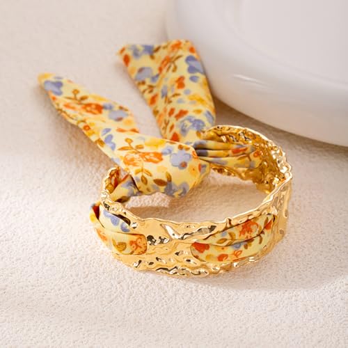 Hammered Gold Metal Silk Scarf Bangle Women,Chunky Fabric Wrapped Open Cuff Bracelet,Boho Ethnic Style Geometric Jewelry, Elegant Statement Wrist - color: Yellow