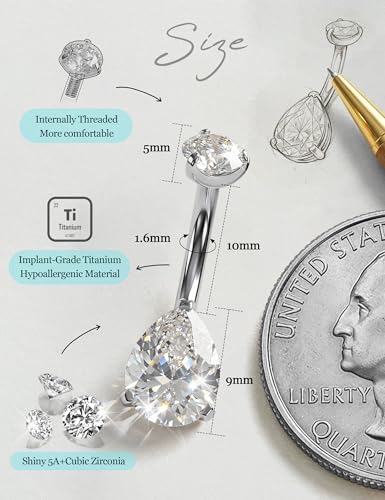Tungary G23 Titanium Belly Button Rings for Women 14G Internally Threaded | Hypoallergenic Long Navel Piercing Jewelry, 3/8" Implant Grade Dangle Belly Button Piercing, 5A CZ, with Vacuum PVD Finish - color: Teardrop: Titanium Silver