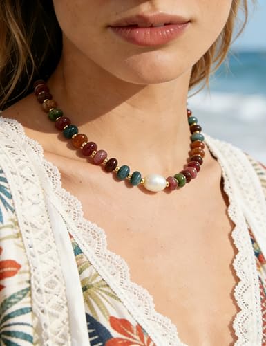 Beaded Necklace for Women,Natural Gemstone Necklace for Women,Colorful Bead Choker Necklace Handmade Surfer Beach Necklace Trendy Jewelry Gift for Women - style: With Pearl