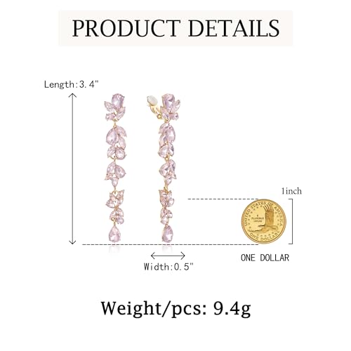 Crysdue Clip On Earrings for Women Rhinestone Crystal Teardrop Cluster Wedding Bridal Non Pierced Long Dangle Earring for Prom Party - color: Light Pink Gold-Tone