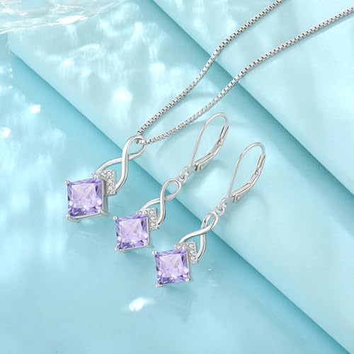 Infinity Necklace 925 Sterling Silver Princess Cut Pendant Birthstone Jewelry for Women - color: Light Lavender