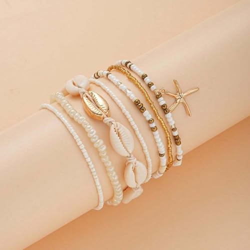 Qceasiy Shell Ankle Bracelets for Women, Boho Beaded Beach Anklet Set | Seashell, Heart, Starfish and Conch Styles, Gold-Tone, Stretch or Adjustable Fit, Layered Beach Vacation Jewelry Gifts - color: White 1
