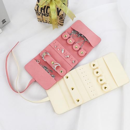 Travel Jewellery Organizer, Foldable Roll-Up Jewelry Travel Pouch, Portable Small Jewelry Travel Case for Necklaces Rings Earrings (Pink) - color: Pink