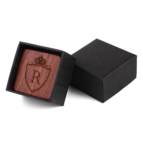 Mens Initial Silver Cufflinks A-Z Alphabet Letter Steel Cuff Links with Engraved Walnut Wood Box Groom Groomsman Wedding Set… - style: R