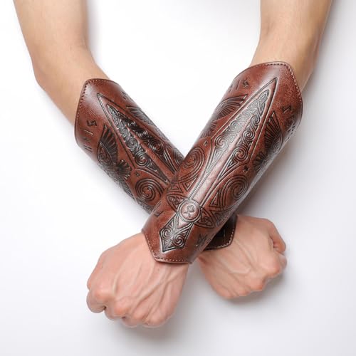 Medieval Leather Bracers Dragon Embossed Viking Leather Bracers Leather Arm Armer Cuff Leather Gauntlet Costumes Accessories - style: Medieval Sward Pattern Leather Bracers-light Brown
