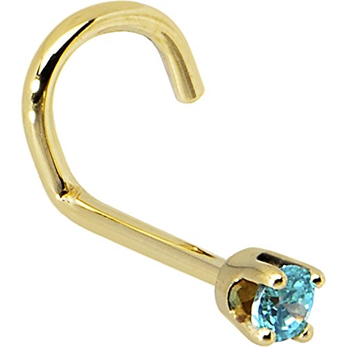 Body Candy Solid 14k Yellow Gold 2mm Mint Green Cubic Zirconia Left Nose Stud Screw 20 Gauge 1/4"