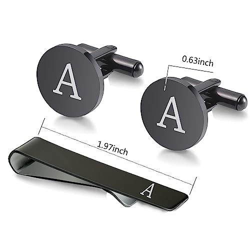 WIGERLON Initial Cufflinks and Tie Clip Set for Men,Stainless steel Letter Cuff Links and Tie Bar Set gift for Father Husband Son Boyfriend - style: E-Black