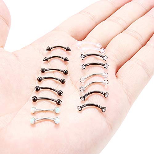 Eyebrow Ring Bar 16G Stainless Steel Curved Barbell Clear Diamond CZ Piercing Body Jewelry Retainer for Women Men 12-16 Pieces - color: 16Pcs-16G-Black