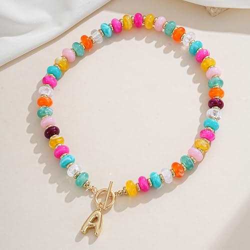 NIKOLUX Colorful Initial Necklaces for Women Chunky Resin Beaded Toggle Necklace 14K Gold Plated A-Z Bubble Letter Pendant Necklace Trendy Summer Beach Handmade Jewelry Gift - color: Colorful-A
