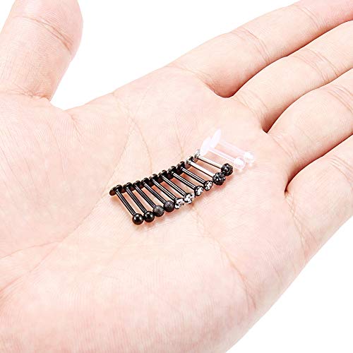 16G Stainless Steel Labret Studs Monroe Lip Rings Retainer Cartilage Tragus Nail Conch Helix Earring Barbell Piercing Jewelry with Clear Diamond CZ for Women Men - color: 12Pcs-8mm-black