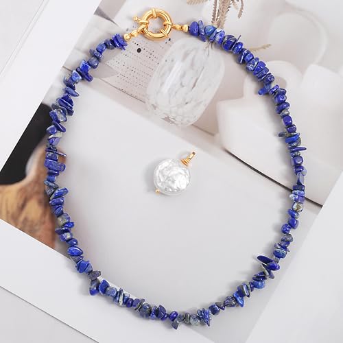 Aobei Pearl 18K Gold Plated Pendant Necklace for Women Dainty Gold Chain Choker Love Heart Disc Coin Pearl Cross Toggle Jewelry - style: Lapis Lazuli Coin Pearl