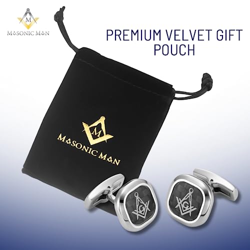 MasonicMan Men’s Stainless Steel Cufflinks with Black Carbon Fiber and Masonic Logo and Gift Pouch