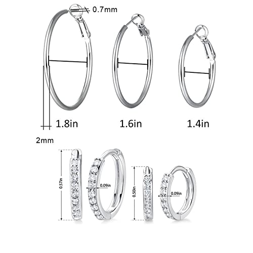 White Gold Earrings for Women Men Hoop and Stud Earring Set | Hypoallergenic 14K White Gold Plated Hoops Huggie Stud Earrings Set Round Cubic Zirconia Ear Jewelry - style: A5-White Gold-Hoop (5 Pairs)