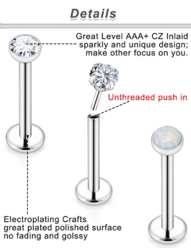 20G 18G 16G Push in Theadless Nose Rings Studs Hypoallergenic Lip Labret Jewelry Flat Back Nose Stud Stainless Steel Cartilage Helix Tragus Earrings for Women Men 6mm 7mm 8mm Bars Diamond 3mm - color: A:16G-Push in-Bar 10mm