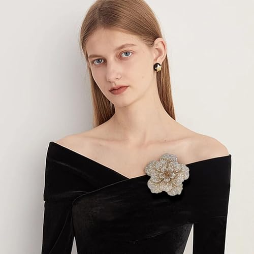 Rhinestone Flower Brooch Pin for Women Men Elegant Sparkly Crystal Camellia Floral Lapel Pins Shawl Dress Suit Clothes Accessories Wedding Party Fashion Jewelry 105mm - color: Beige