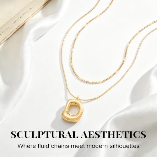 14K Gold/Silver Plated Dainty Snake Chain Layered Necklace for Women | Irregular Oval Pendant Minimalist Dainty Statement Gold Layering Everyday Jewelry - color: Gold - Brushed