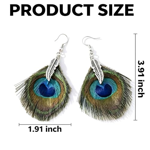 Feather Earrings for Women, Sterling Silver Hook Boho Style Peacock Long Feather Jewelry - color: Peacock Feather-4