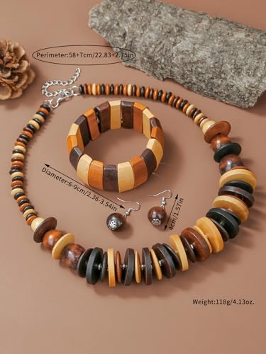 Colorful Ethnic Wooden Earrings Round Statement Dangle Earrings Multilayered Geometric Beaded Bracelet Necklace Set for Women Exaggerated Tribal Jewelry - color: Mixed Color B