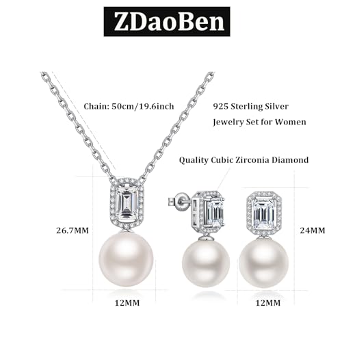 925 Sterling Silver Pearl Jewelry Set for Women, Glossy Simulated Pearl Earrings and Necklace Jewelry Set for Birthday,Wedding,Anniversary Chain 18inch, Jewelry Gift for Women