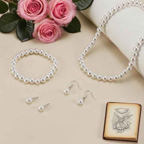 Pearl Jewelry Set for Women Faux Pearl Costume Jewelry Set with Necklace, Bracelets, Ring, Earrings for Wedding Bridal Birthday Tea Party - color: 4Pcs White