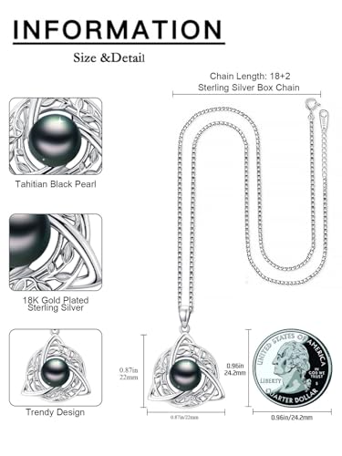 Tahitian Black Pearl AAAA 18K White Gold Plated Sterling Silver Leaf Celtic Knot Pendant Necklace for Women Wife Mom Girlfriend Her Jewelry Gift for Anniversary Birthday