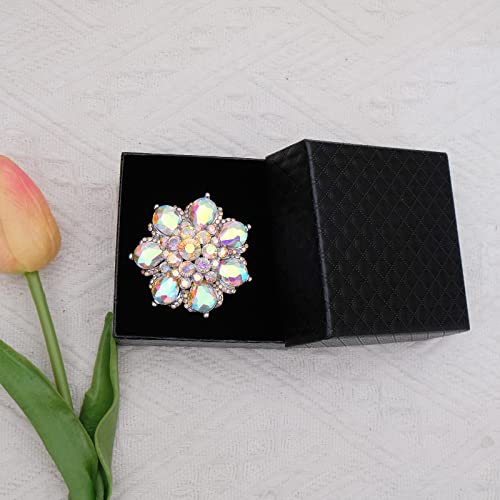 Flower Shape Crystal Cocktail Stretch Ring Party Prom Floral Statement Elastic Ring for Women - color: AB crystal-Platinum tone