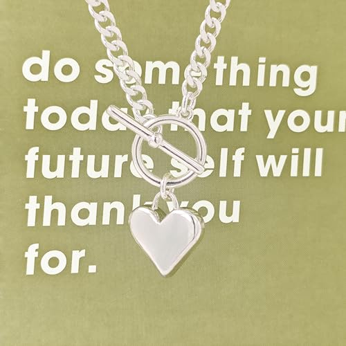 IMBOS 14K Gold Plated Chunky Chain Choker Necklaces for Women Chunky Gold Necklace Tennis Necklace for Women CZ Love Chain Cuban Link Choker Jewelry Gifts - color: Silver-Heart Necklace