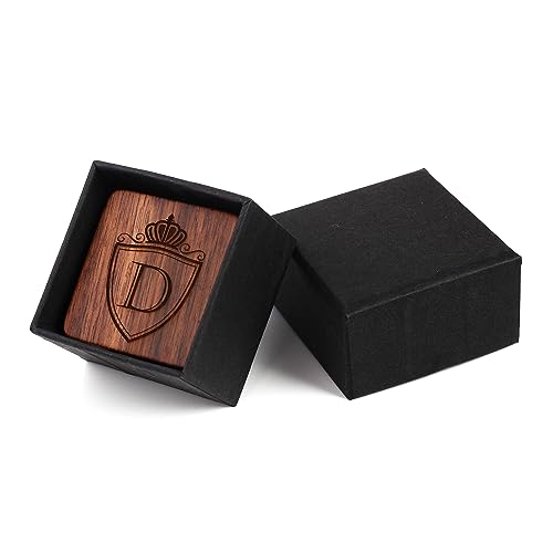 Mens Initial Silver Cufflinks A-Z Alphabet Letter Steel Cuff Links with Engraved Walnut Wood Box Groom Groomsman Wedding Set… - style: D