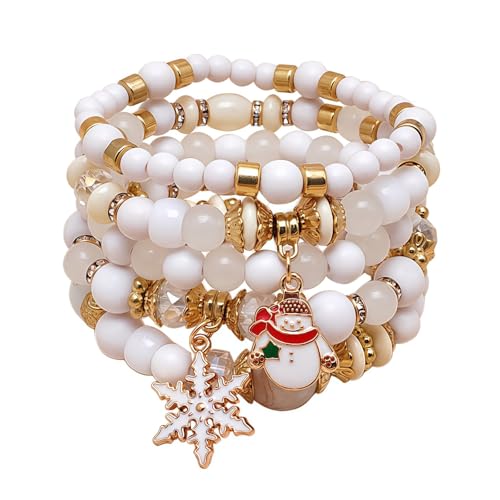 WETMT 5 PCS Christmas Bracelets for Women Acrylic Green White Bead Elastic Christmas Tree Snowflakes Stretch Bracelets Stack Holiday Party Jewelry Gifts Stocking Stuffers - color: white