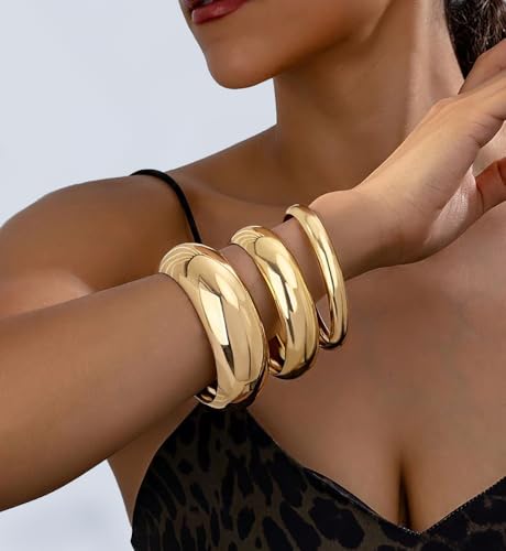 Chunky Gold Bangle Bracelets for Women, Dainty 14k Gold Plated Big Stackable Bangles Set, Trendy Statement Cuff Bracelet Stack Fashion Jewelry Gifts - style: 3 Thick gold bangles