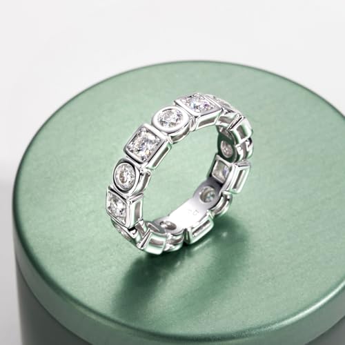 Moissanite Eternity Ring, S925 Sterling Silver Wedding Band for Women - style: Geometric Bezel Eternity Band