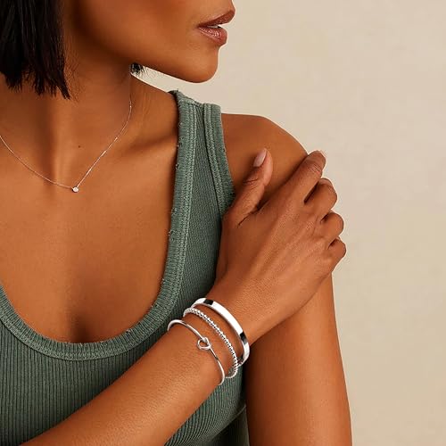 925 Sterling Silver Bracelets for Women Stack, Trendy Tennis Bangle Cuff Jewelry Set 14K Gold Plated, Adjustable Bracelet Set for Wrist Essentials, Women Fashion Watch Band Acecessories - style: Bracelet_3pcs_06(Silver Cuff Set)