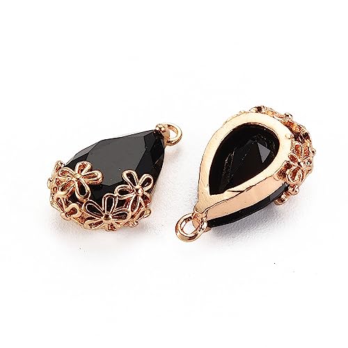 FASHEWELRY 50Pcs Faceted Teardrop Glass Charms Transparent Crystal Drop Pendants with Light Gold Brass Flower Setting for DIY Bracelet Necklace Earring Jewelry Craft Making - color: Black