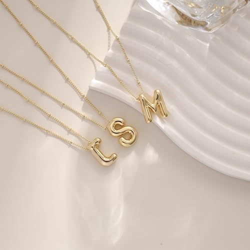 Ewrkbrㅤ Initial Necklaces for Women, 14k Gold Plated Bubble Letter Necklace Chunky Gold Necklace Dainty Charm Initial Necklaces for Women Trendy Custom Preppy Stocking Stuff Necklace Christmas Gifts - color: Gold, style: S