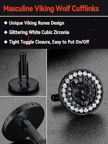 FaithHeart Mens Cufflinks, Norse Viking Tuxedo Shirt Cuff Links, Stainless Steel Cuff Links and Shirt Studs, Gift Box - style: 06. Wolf CZ-Black