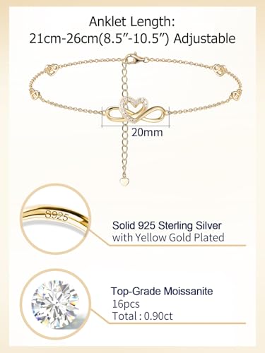 Moissanite Infinity Anklet for Women, Real Authentic 925 Sterling Silver Hypoallergenic, Beautiful Summer Jewelry, Dainty Ankle Bracelet, 8.6-10.6inch (21-26cm) Adjustable - color: Romantic Heart - Yellow Gold