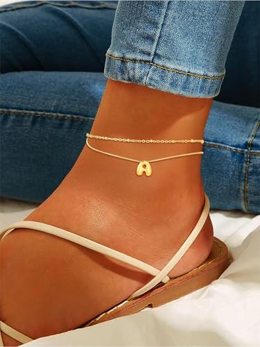 FOCALOOK Initial Anklet Bracelet for Women, 14K Gold Plated Anklets Layer Letter Ankle Chain Non Tarnish, 8.5"+2" Adjustable Large Ankle Summer Beach Foot Jewelry - color: Gold-A
