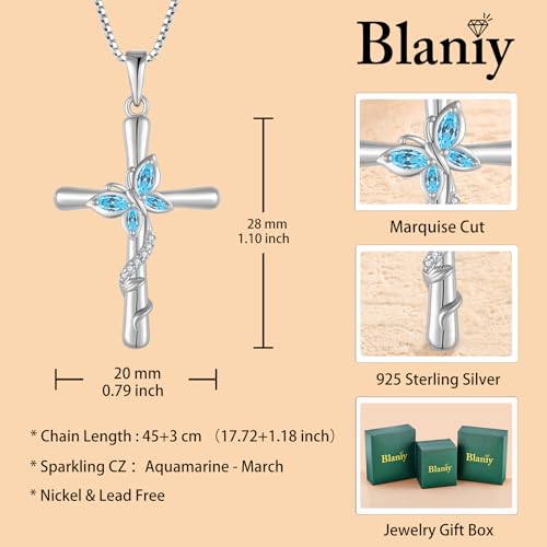 Cross Necklace for Women 925 Sterling Silver Butterfly Necklace Birthstone Pendant Created Gemstone Jewelry Gifts for Women - color: 03 March - Aquamarine