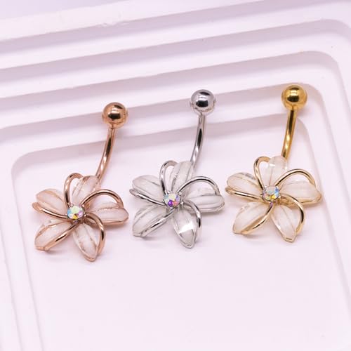 VERAMI 14G 316L Flower Belly Button Ring Surgical Steel Cute Flower Belly Button Ring Body Piercing Jewelry - color: SILVER & ROSE GOLD