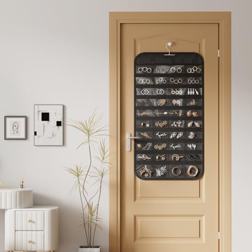 Hanging Jewelry Organizer, 80-Pocket Double-Sided Storage, 1-Pack, Black and Beige - color: Black and Beige