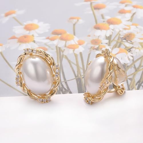 Yoursfs Faux Pearl Clip On Earrings For Women 18K Gold Plated Button Ear Clips - style: Large White Pearl Clip on Earrings