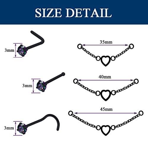 Nose Ring Chain Across Nose Black Stainless Steel Nostril Nose Piercing Chain with Cubic Zirconia Nose Screw Bone L-Shaped Ring for Women Body Piercing Nostril Jewelry with Bridge Chain - color: Black-Single Heart Nose Chain Studs