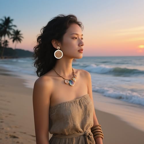 Raffia Hoop Earrings for Women Fun Boho Summer Beach Earrings Lightweight Handmade Straw Wicker Rattan Dangle Earrings Statement Geometric Round Drop Earrings - color: Set - Round