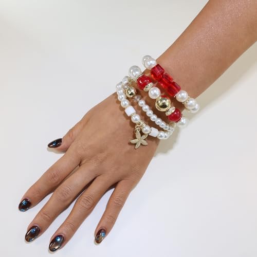 Bohemian Pearl Bracelet Set, 4 Piece Elastic Stretch Beaded Wrist Chain with Starfish Pendant, Boho Faux Pearl Multi-Color Stackable Bracelets for Women - color: Red