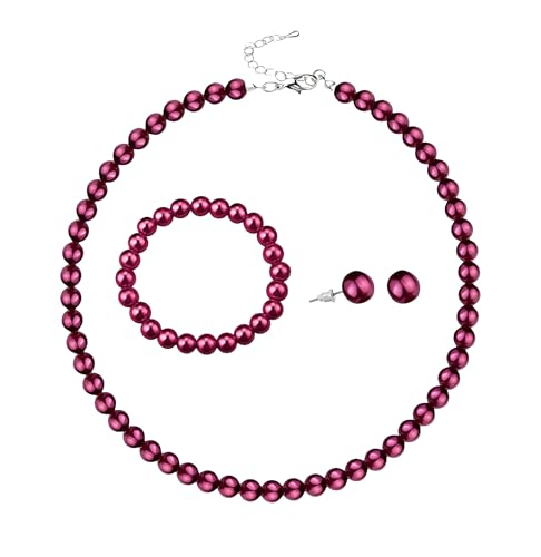 xuzhiyuan 10mm Faux Pearl Jewelry Set for Women, Classic 3-Piece Necklace Bracelet and Earring Set, Hypoallergenic Fashion Jewelry Gift for Mom Wife - color: Red